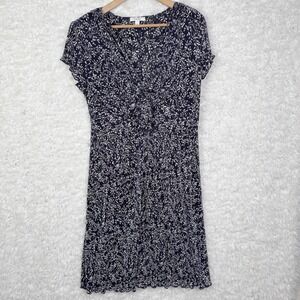 Dressbarn Size 12 Navy White Leaf Print Crinkle V Neck Tie Front Midi Dress Boho